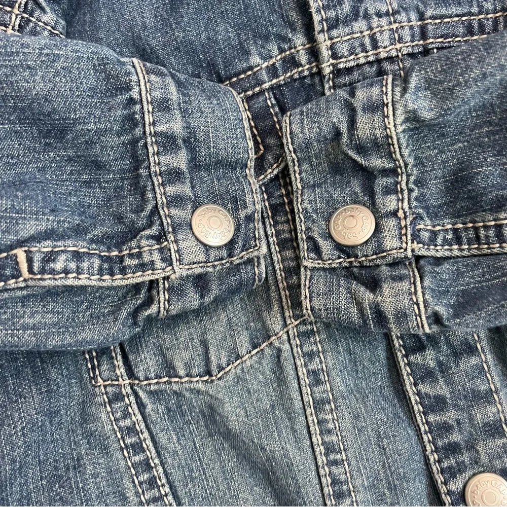 Gap Baby Jacket Denim Embroidered Handsome Devil Removable Hood Pockets Blue Red
